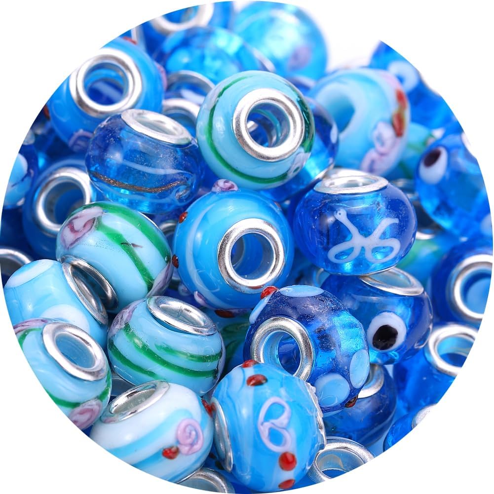 AIPRIDY 50 Pieces 13x9 mm Japanese Color Painting Murano Large Hole Glass Beads Mix Flower with Silver Brass Core European Floral Beads for Charm Jewelry Making
