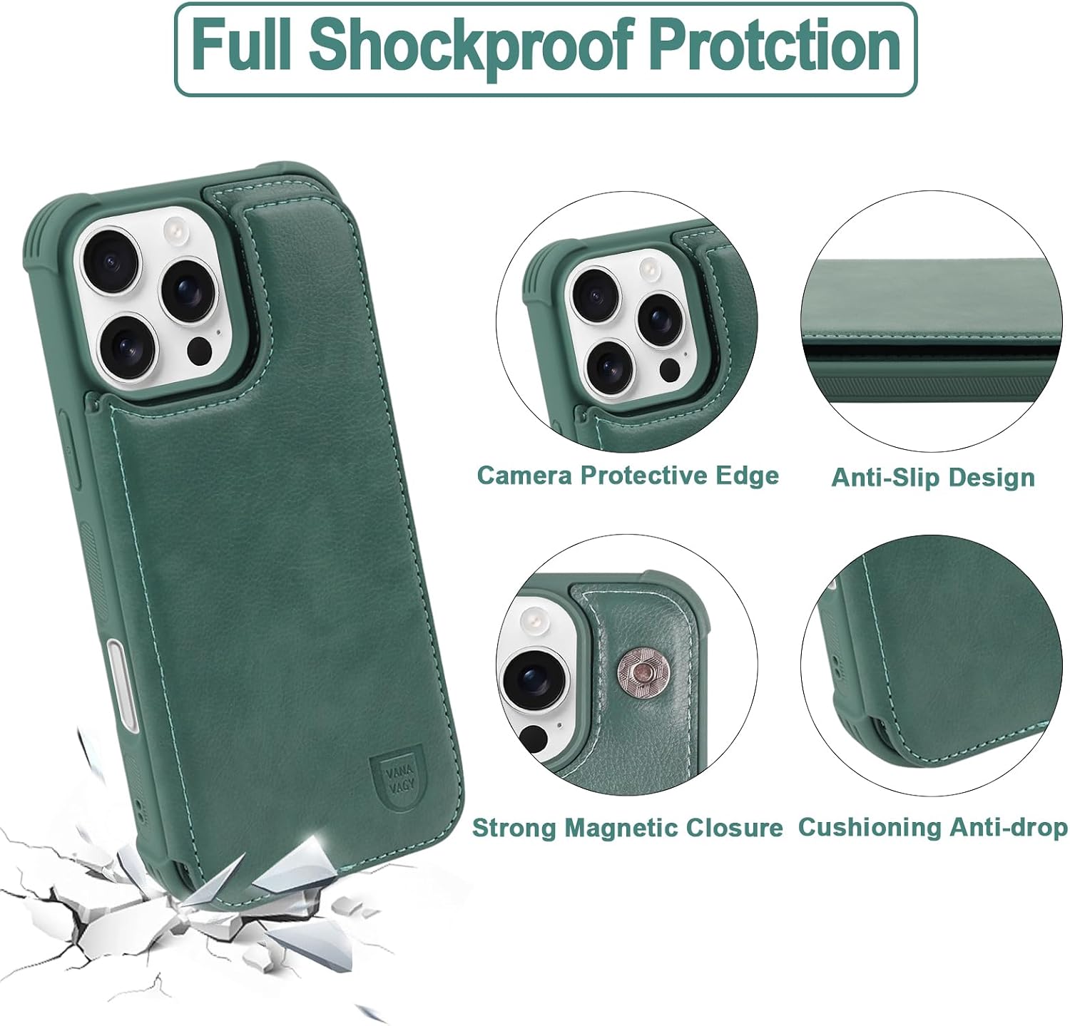 VANAVAGY Compatible for iPhone 16 Pro Max Wallet Case with RFID Blocking Card Holder, PU Leather Flip Cover Magnetic Clasp Kickstand Card Slots Case with Screen Camera Protector,Forest Green
