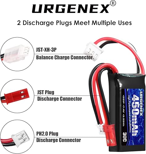 Miniatura 3 de URGENEX Lipo 2S 30C 450mAh Lipo recargable de 7.4V con enchufe JST y PH2.0 SCX24 con cargador USB 1to2 apto para la mayoría de 110, 116, 118, 124