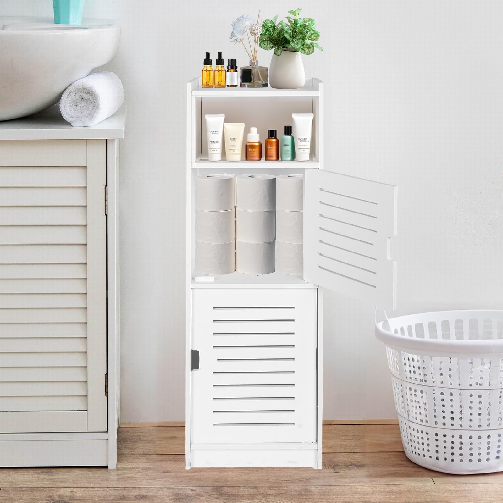powerking 3 Nivel Baño Armario de Almacenamiento, Organizador Independiente con Puertas, Armario de Piso de Almacenamiento Blanco para Dormitorio, Aseo, Sala de Estar, Cocina, Balcón, Oficina