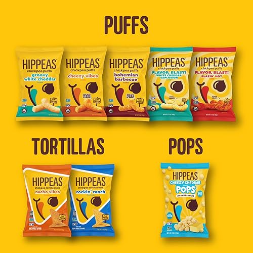 Vista 5 de HIPPEAS Chickpea Puffs, Groovy White Cheddar, aperitivos sin gluten, sin lácteos, vegano, 0.8 onzas, paquete de 18, 0.11 onzas de proteína, 0.07 oz