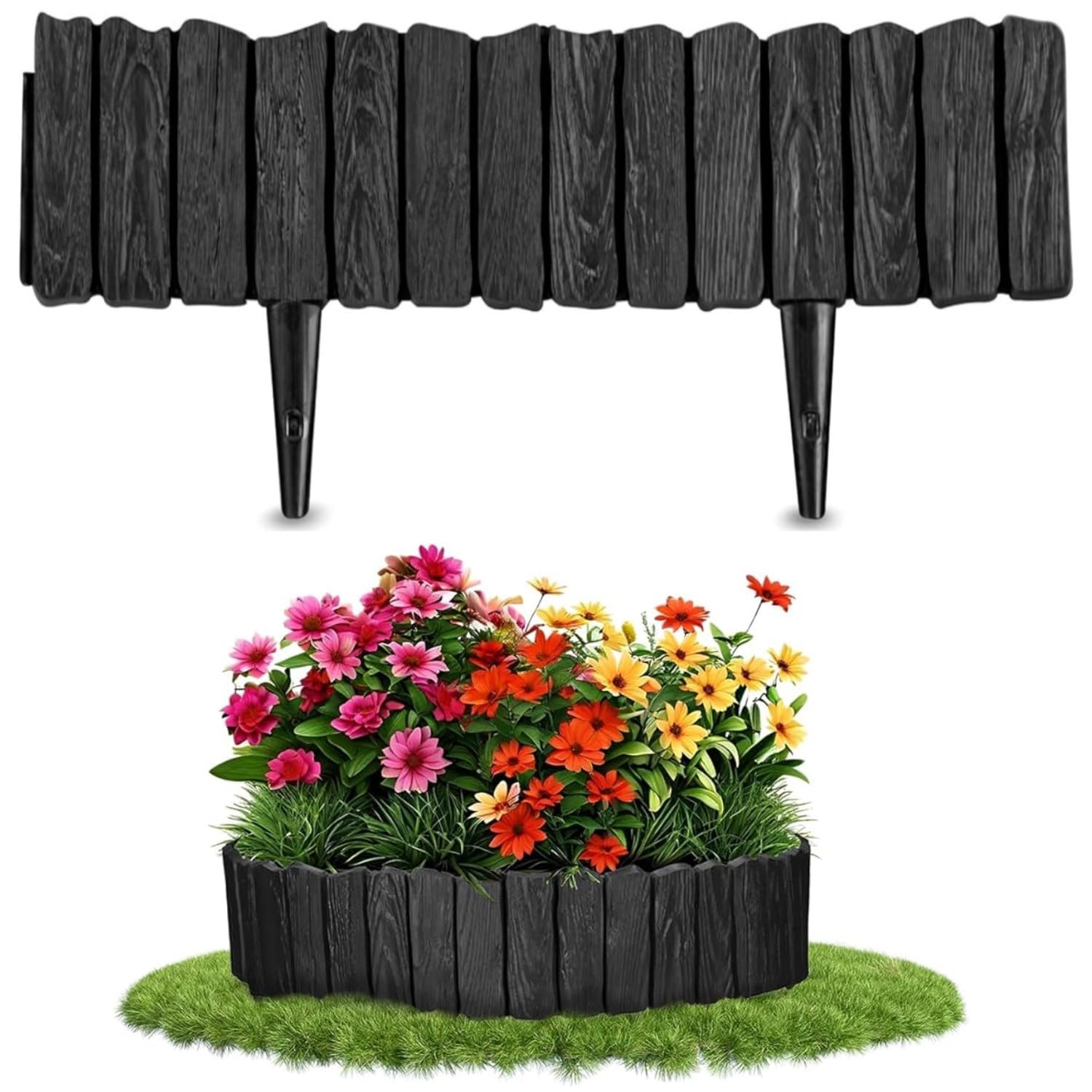 KAHEIGN Garden Edging Border, 22CM x 230CM Wood Effect Lawn Edging Flexible Landscape Fence for Garden Border, Flower Bed, Yard Pathway and DIY Landscaping (Black)