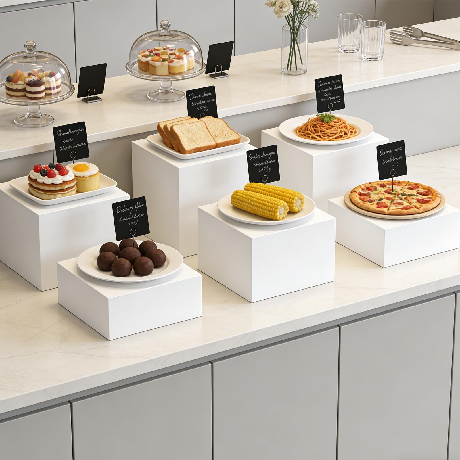 6 scatole acriliche bianche, supporto per buffet in acrilico, supporto per dessert con base cava, display per alimenti Risers, cubetti in acrilico, per dolci, gioielli, espositore a cubo con fondo