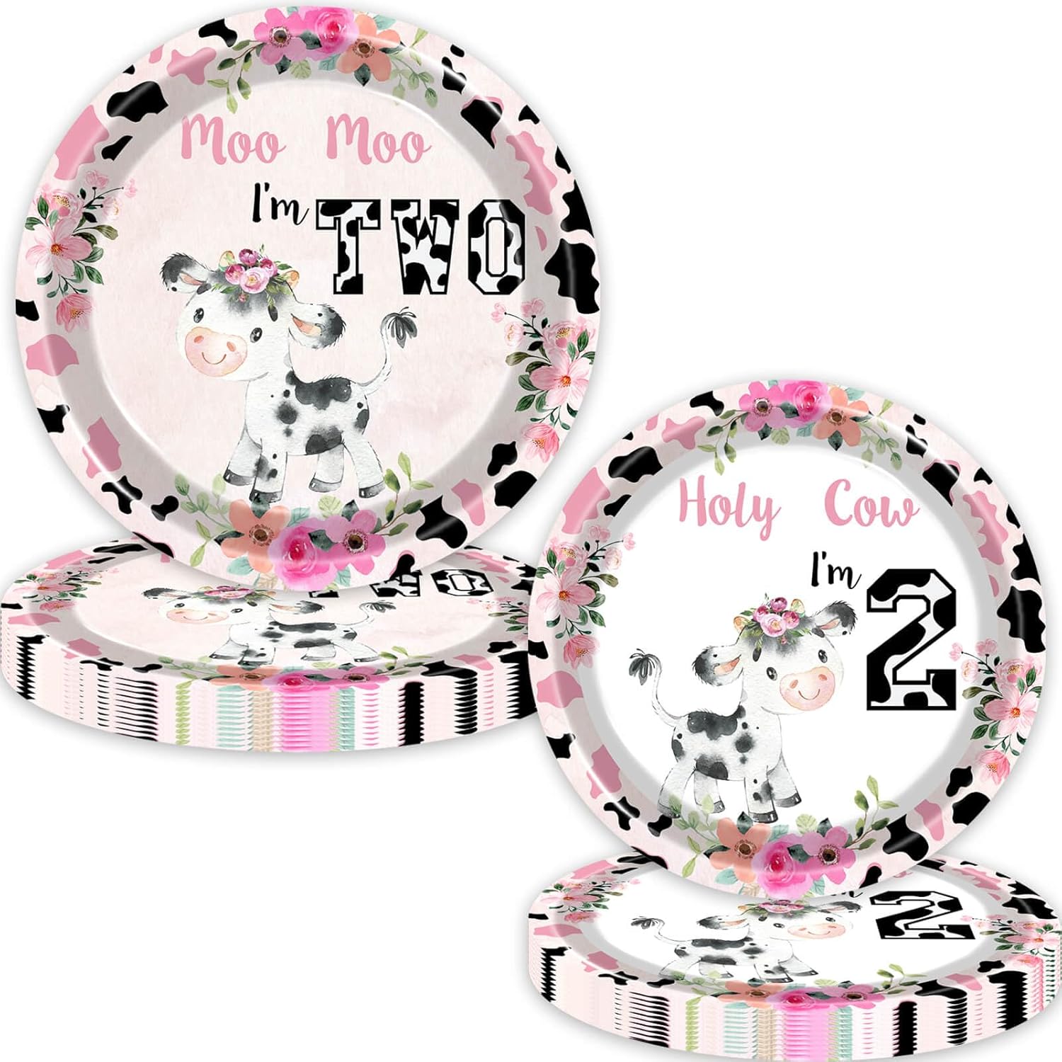 100 Pcs Holy Cow I'm Two Birthday Decorations Girl Tableware Cow Print 2nd Birthday Party Supplies Includes Plates, Forks, Cups, Napkins for Girls Two Years Old Birthday Party Decorations Favors - Image 2