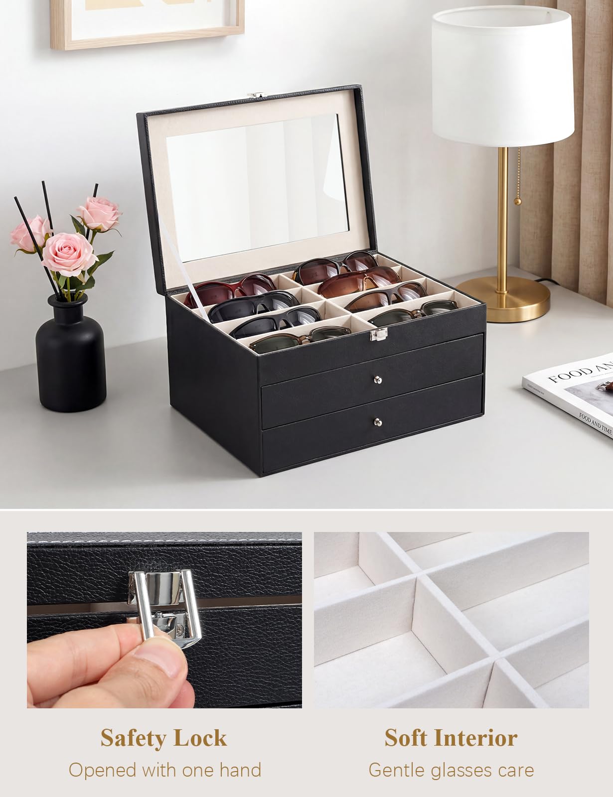 Sonnenbrillen-Aufbewahrungsbox mit 32 verstellbaren Schlitzen, 3-lagig, Multi-Brillenbox mit Deckel für Damen