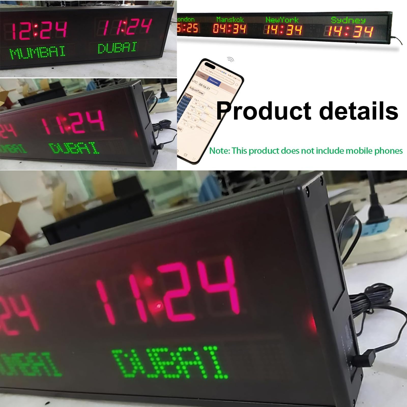 World Time Clock - Orologio da parete a LED, luminosità regolabile, multi fuso orario, in lega di alluminio, per uffici aziendali e alberghi