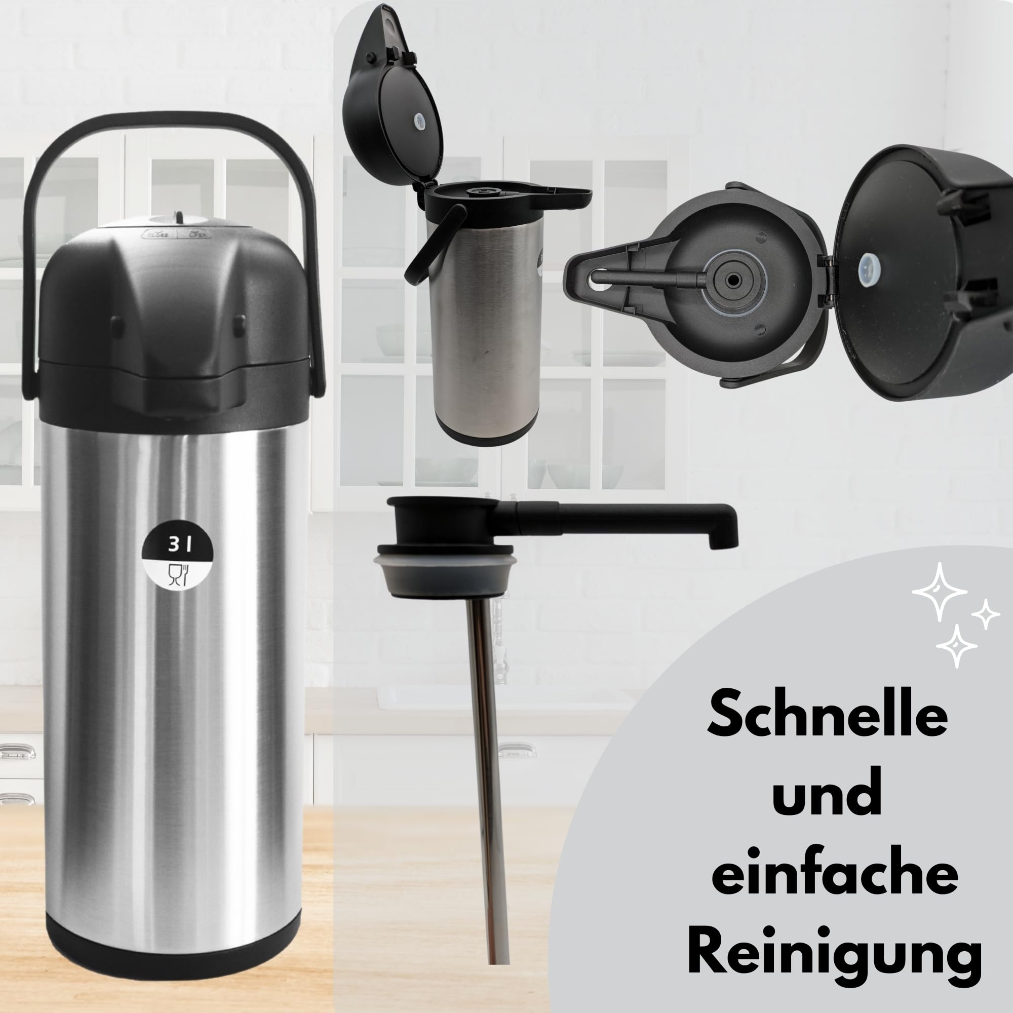 Airpot Pumpkanne 3l Isolierkanne Thermoskanne isolierte Kaffeekaraffe Kaffeekanne Gastro Kaffeespender auch für Camping aus Edelstahl & GRATIS-HLKauf-Block