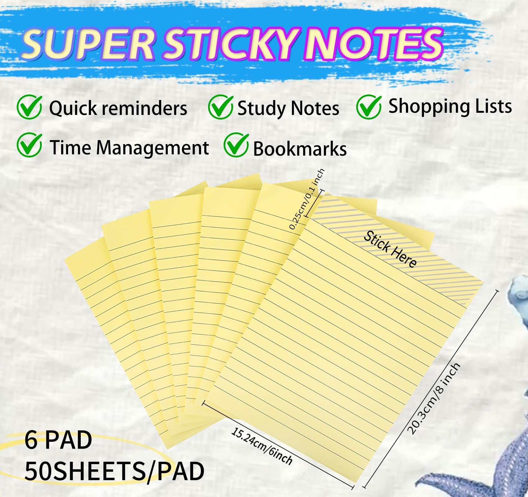 Lot de 6 blocs de notes adhésives lignées de 20,3 x 15,2 cm, 300 feuilles de grands blocs de notes adhésives jaunes avec lignes, super adhésifs, pour l'école, le bureau, la maison