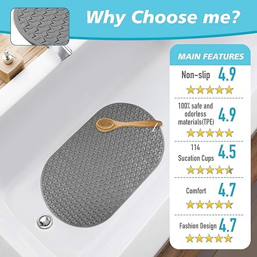Miniatura 6 de Tapete de baño antideslizante con 112 ventosas y material TPR extra suave sin olor y agujeros de drenaje, lavable a máquina, tapete de ducha de baño