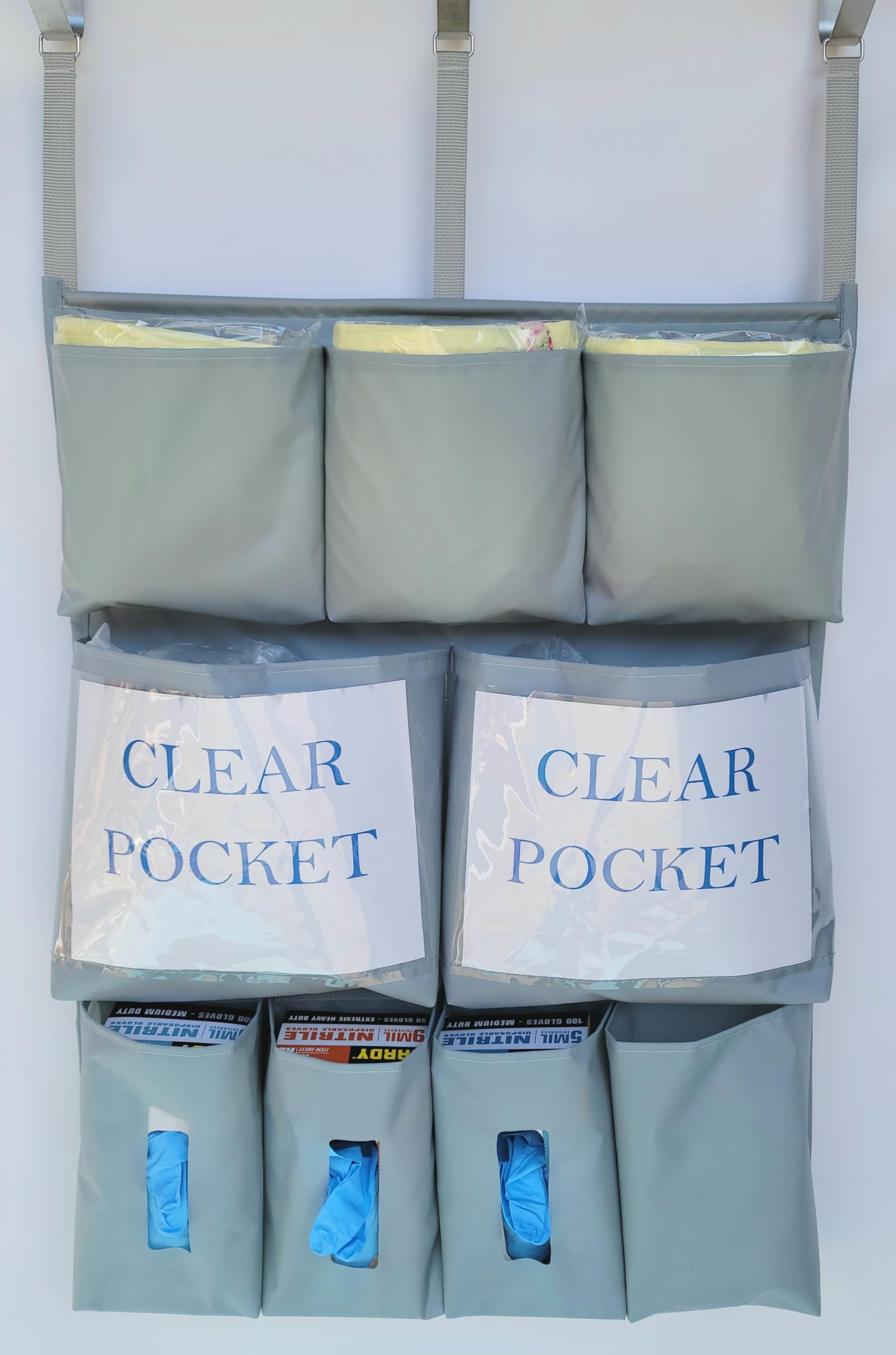 It's Sew EZ Personal Protection Equipment (PPE) Isolation Door Caddy - 9 Pockets - NFPA-701 Fire Retardant Nylon Oxford with Three Stainless Steel Hooks included (Silver, Large 9 pockets)