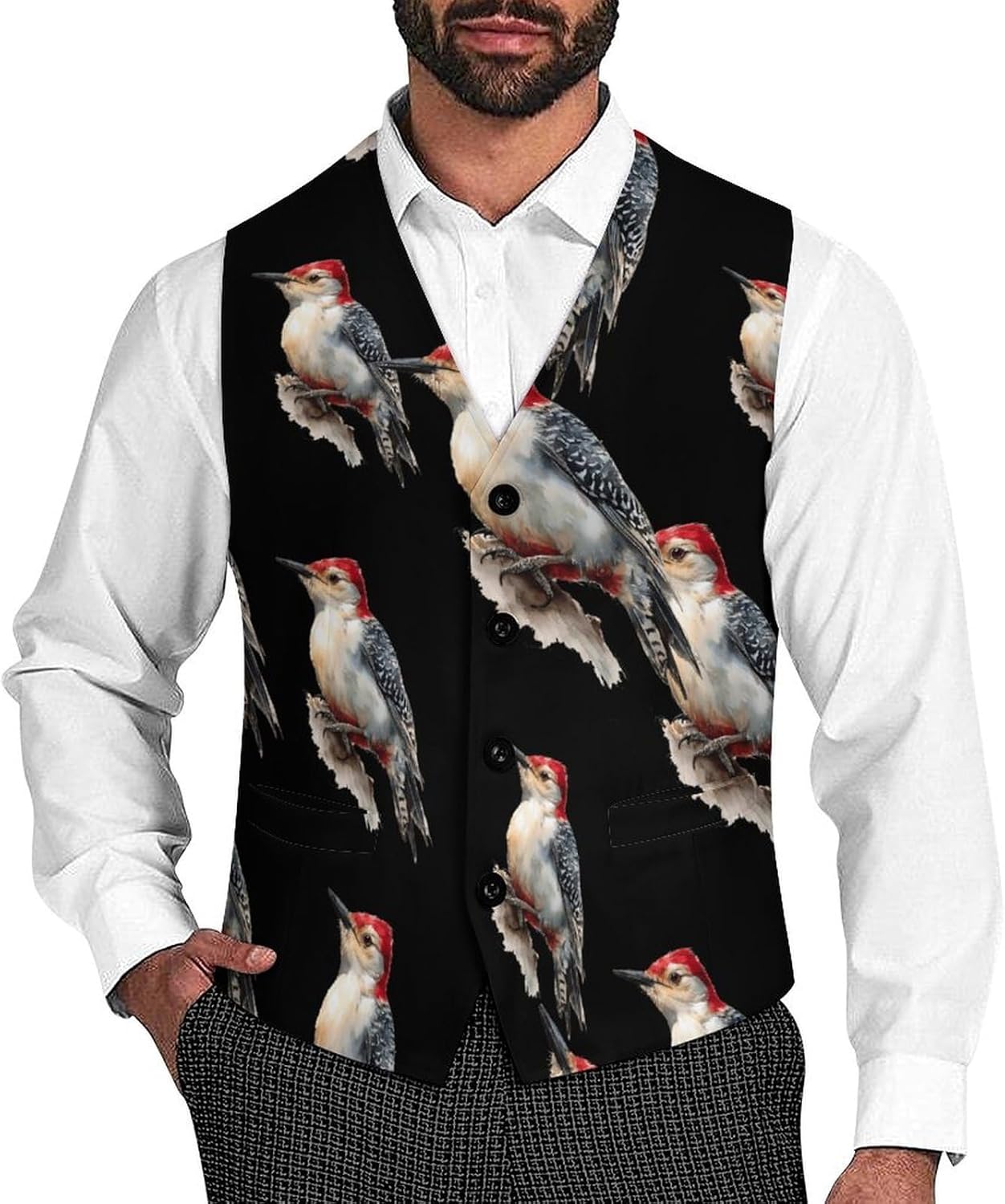 Watercolor Woodpecker Bird Mens Suit Vest Waistcoat Formal Business Dress Tuxedo Wedding