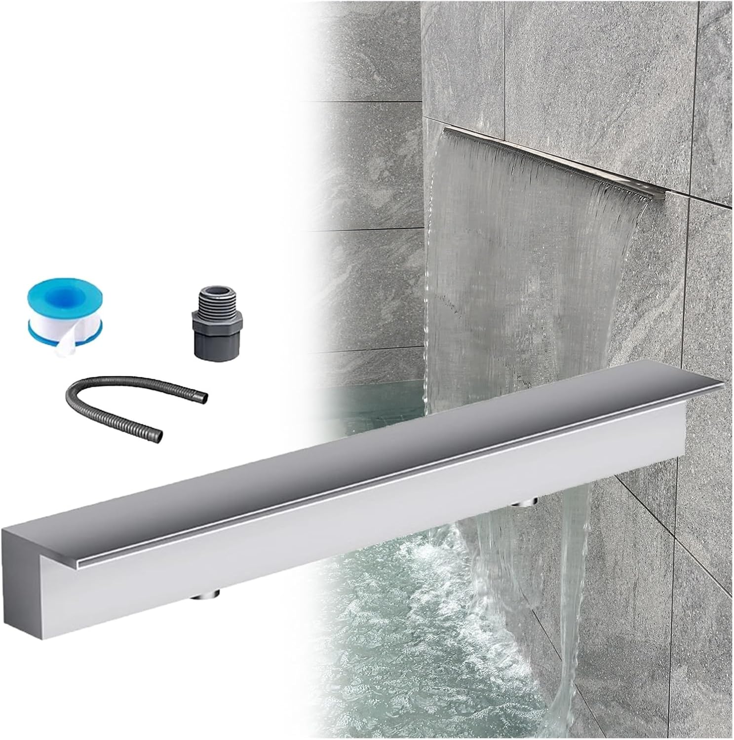 Stainless Steel Wall Recessed Waterfall Spillway Kit for Outdoor Fountains, Fish Ponds & Spas - 12 to 78 Inch Wide Waterfall Box with 33.5 Inch Outlet