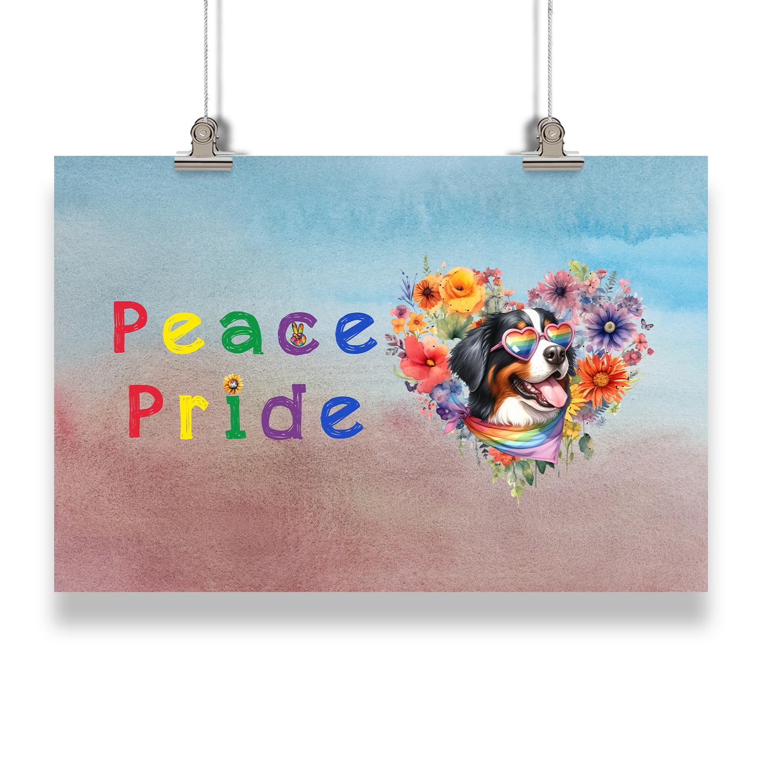 Ninety3POD Peace Love Pride Bernese Mountain Dog with Rainbow Sunglasses LGBT LGBTQ+ Landscape Poster Berner Lover Gifts Wall Art Home Decor - 004