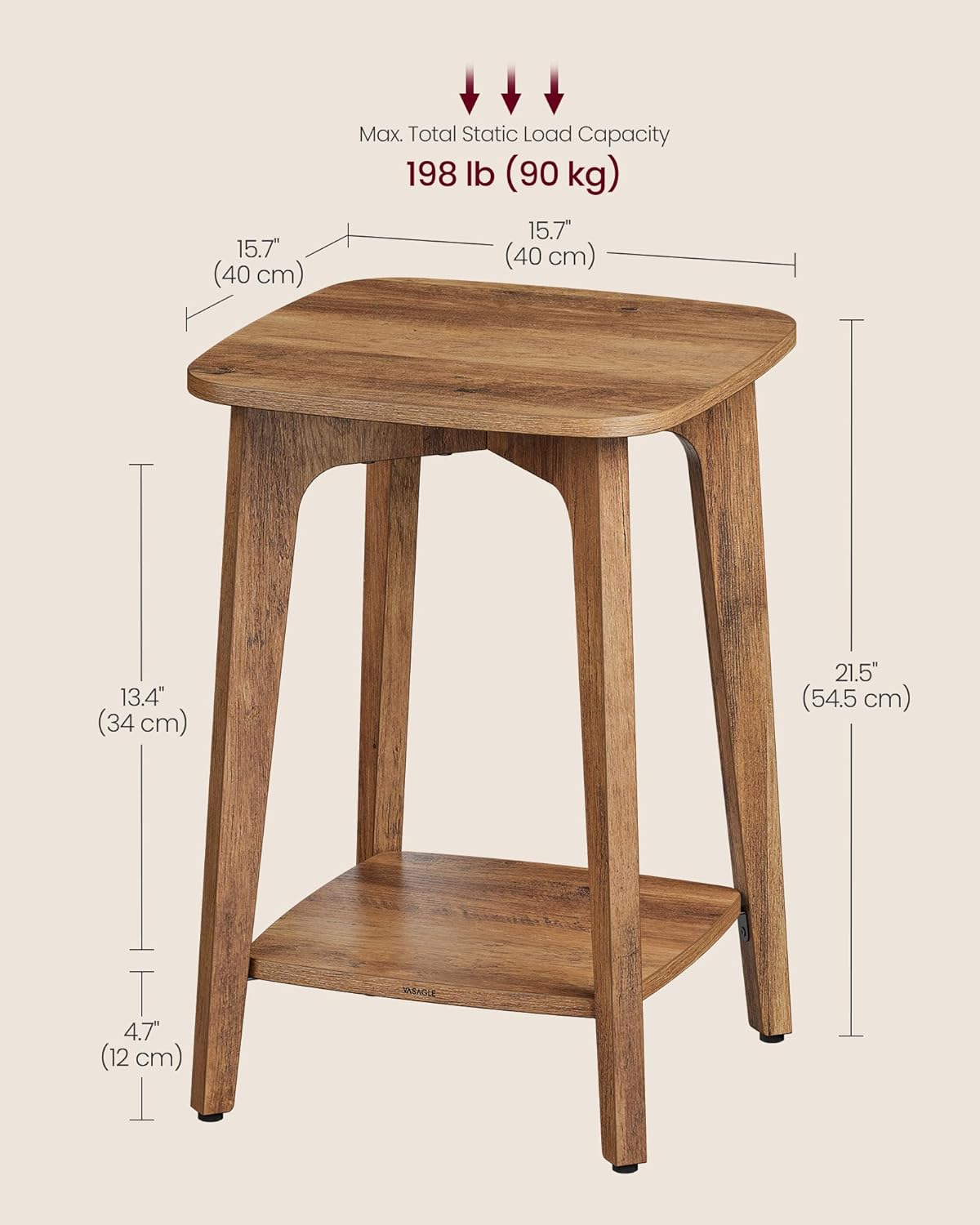 VASAGLE MAEZO Collection - Side Tables, Set of 2, 2-Tier Small Square End Tables, Nightstands with Tapered Legs, Curved Transitions, for Small Spaces, Living Room, Bedroom, Honey Brown ULET238KB01S