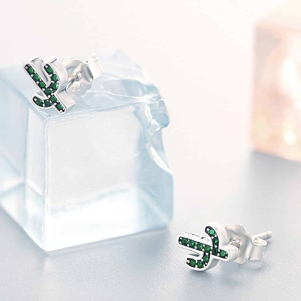 Orecchini a perno con zirconia cubica verde a forma di cactus per donne, adolescenti e ragazze sensibili, in argento Sterling S925, alla moda, graziosi, idea regalo per figlia, sorella di compleanno