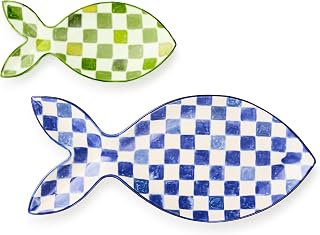 MACKENZIE-CHILDS Set of 2 Stoneware Serving Platters, Decorative Serving Platters for Food, Go Fish