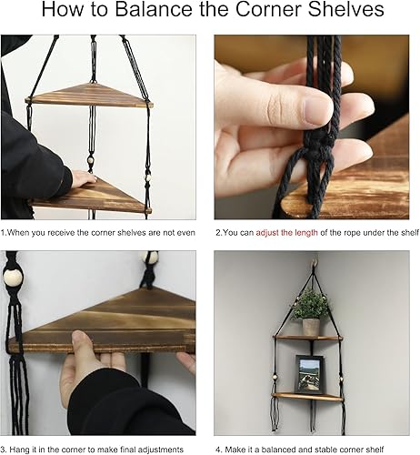 Miniatura 4 de Artilady Estante de esquina negro para colgar en la pared, estantes flotantes de madera de 2 niveles, estante de pared rústico bohemio para