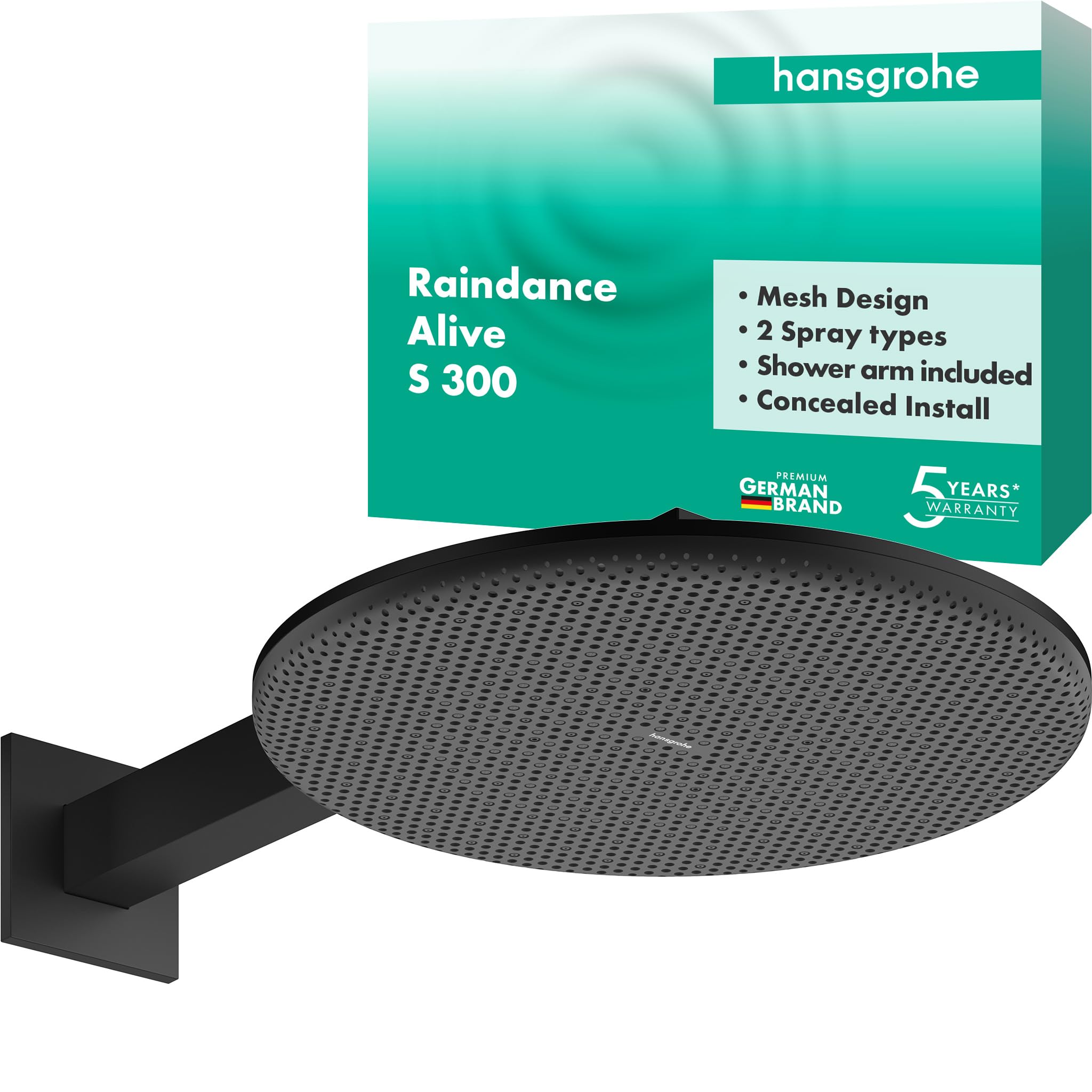 hansgrohe Raindance Alive S - wassersparende Kopfbrause (EcoSmart) mit Brausearm, Duschbrause, Regendusche mit 2 Strahlarten für Wandmontage, Brausekopf, Antikalk-Funktion, Mattschwarz, 24541670