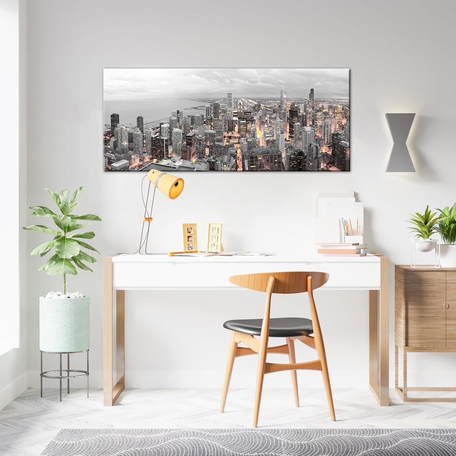 Conipit Black and White Canvas Wall Art Chicago Skyline Cityscape Canvas Print Chicago Panorama Picture Prints Framed for Living Room Bedroom Office Decor 20''X48''
