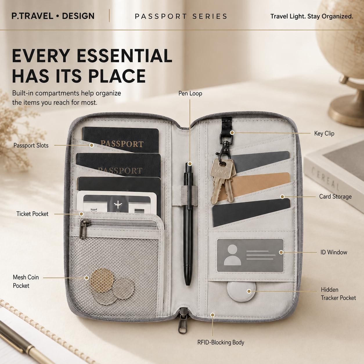 Passport Holder Family for 4-6, RFID Blocking Travel Wallet Women Men,Passport Wallet with Airtag Holder,Family Passport Protector Case, RFID Blocking, Lightweight,Zipper, Document Organizer,Pouch Bag