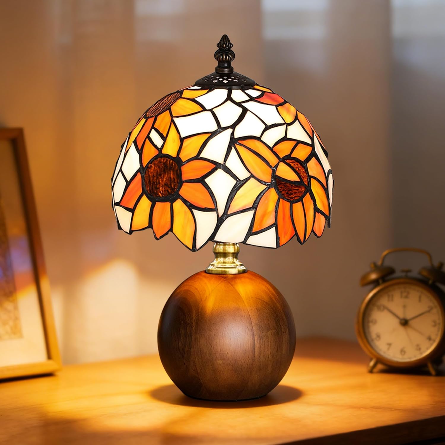 12.2" Tiffany Style Lamp, Handcrafted Stained Glass Sunflower Table Lamp with Spherical Solid Wood Base, 3-Color Dimmable Bedside Lamp for Nightstand & Bedroom, Vintage Aesthetic Accent Light