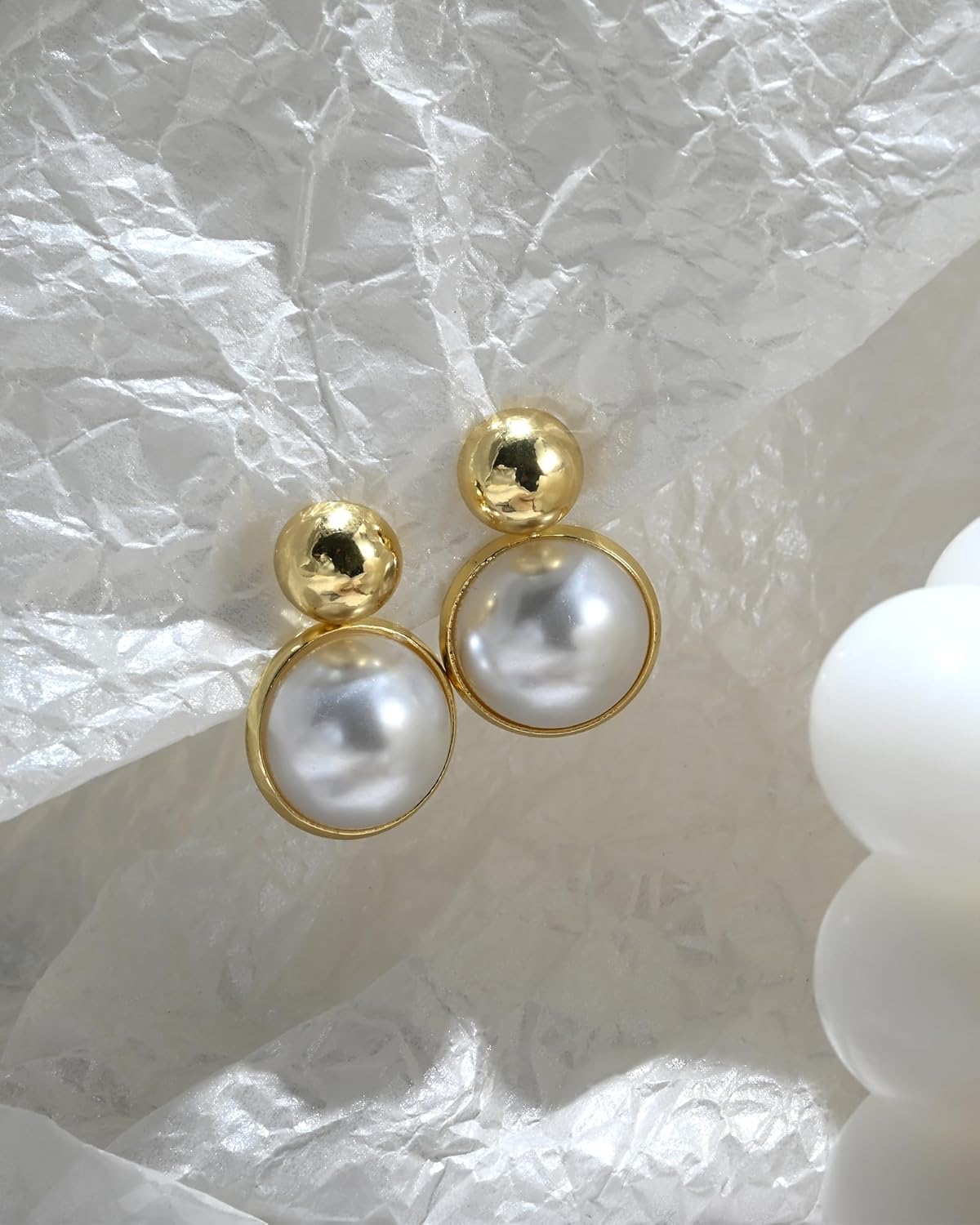 14K Gold Plated White Pearl Stud Drop Dangle Round Bride and Bridesmaids Wedding Earrings for Women - Image 6