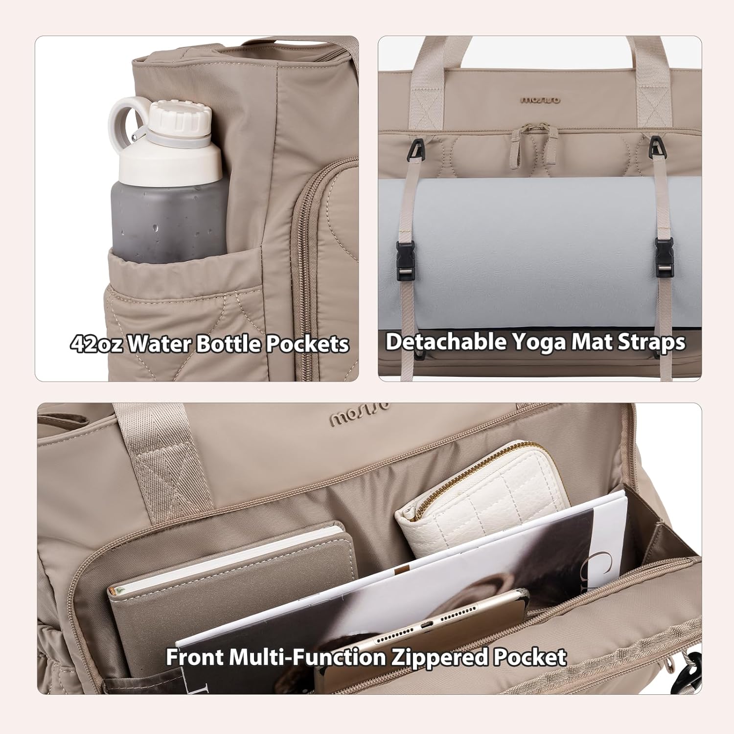 MOSISO Mini Gym Bag for Women, Small Gym Tote Puffy Quilted Sports Duffel Bag, Travel Duffle Carry On Weekender Bags with Compartment&Front Pocket for Travel, Sports, Fitness, Yoga, Brown - Image 5