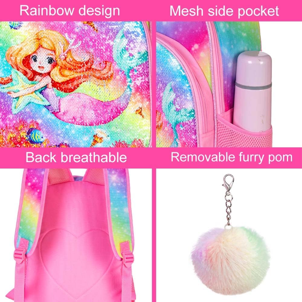 WZLVO 3PCS Mermaid Backpack for Girls, 16" Kids Sequin School Bookbag and Lunch Box for Elementary Toddler