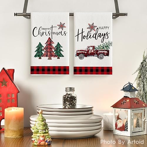 Miniatura 8 de Artoid Mode Toallas de cocina con árboles de Navidad y camión blanco y negro, 18 x 26 pulgadas, paño de secado ultra absorbente para cocinar