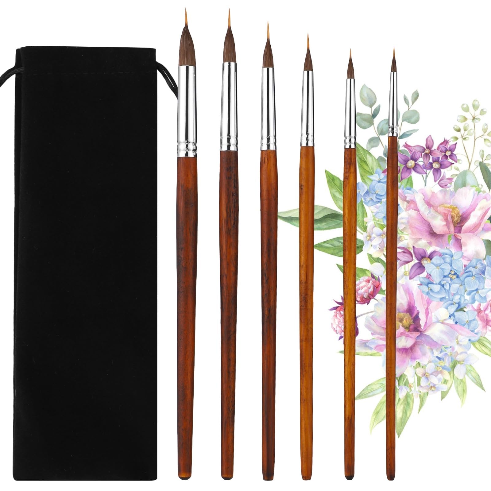 6 pinceles profesionales de acuarela con doble fibra, crin y punta de nailon, virola de cobre niquelado, mango de madera, para acuarela, gouache, acrílico