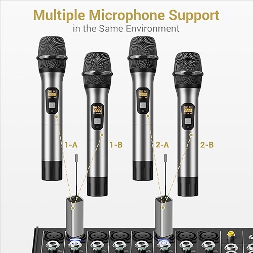 Miniatura 7 de TONOR Micrófonos inalámbricos, sistema de micrófono dinámico de metal inalámbrico dual UHF con receptor recargable, para canto de karaoke, boda, DJ