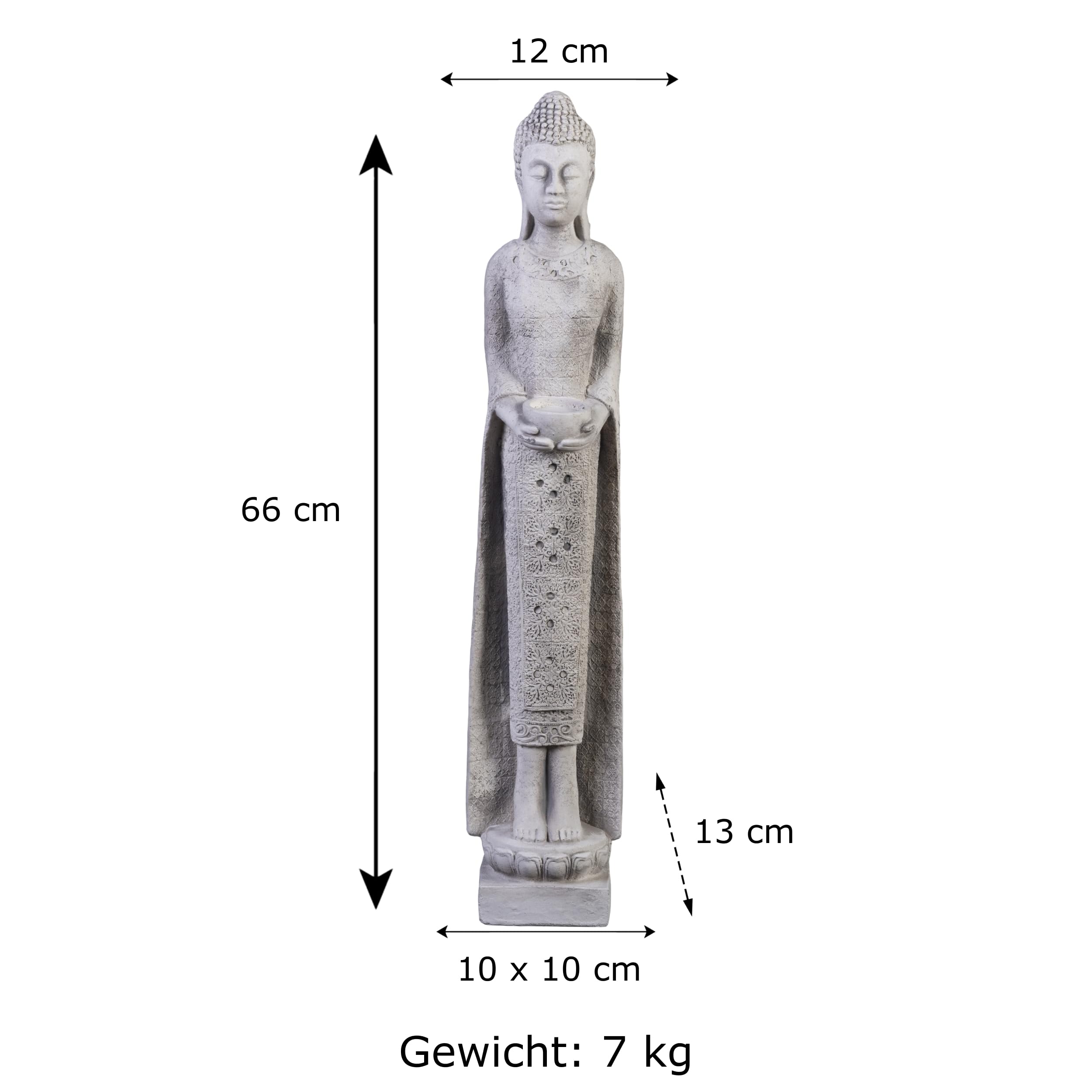 gartendekoparadies.de Schlanke Massive Steinfigur Thailändische Mönch Buddha Statue aus Steinguss Frostsicher, Höhe 68 cm, Gewicht 8 kg, Grau
