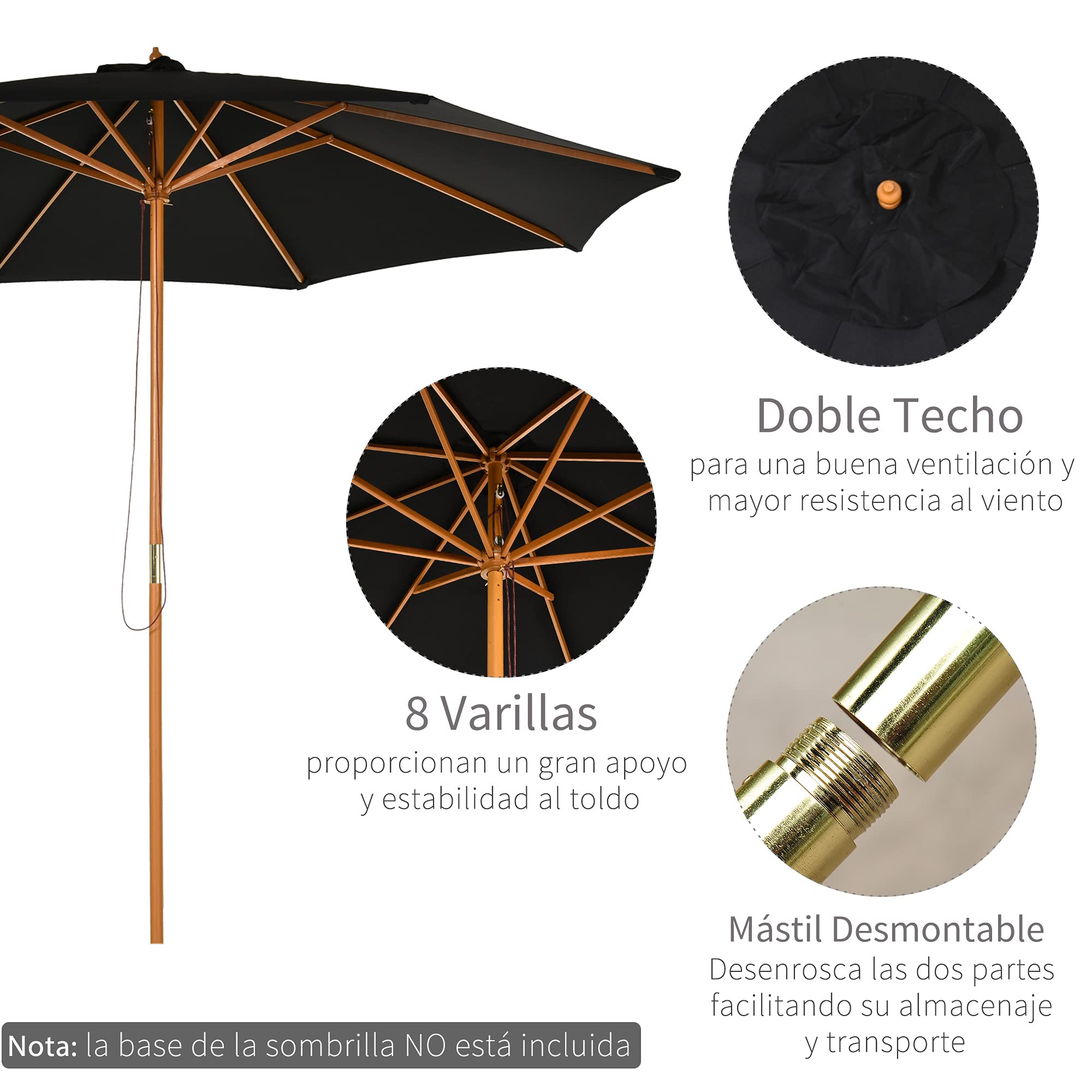 Outsunny Sombrilla Terraza Exterior Ø300 cm con Sistema de Polea | Sombrilla de Jardín, Techo Ventilado, Poste Desmontable de Madera, Parasol para Patio Terraza