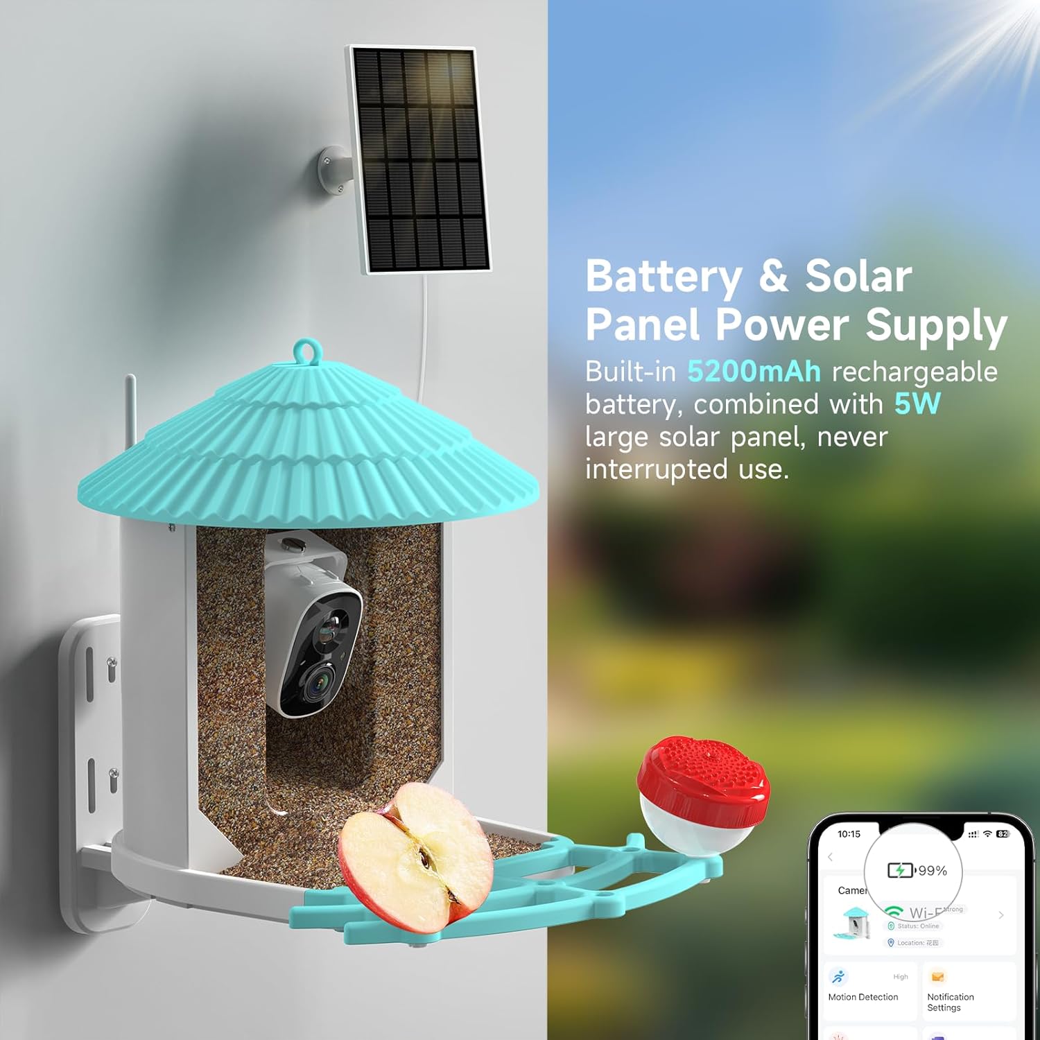 Smart Bird Feeder with Camera, AI Bird Species Identification, 5W Solar Panel, 2K HD Video Live Stream Camera, Full Color Night Vision, 32G Card Included, Instant Arrival Alerts, 2.4Ghz Wi-Fi Only