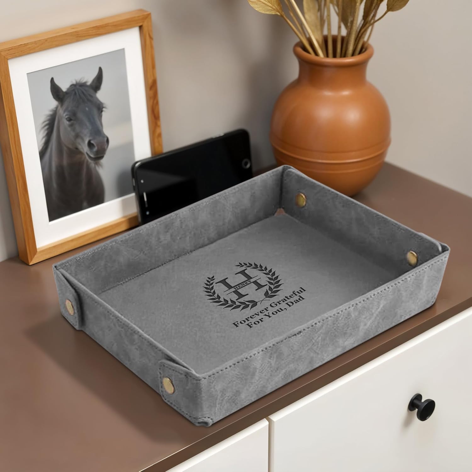 Engraved Leather Valet Tray for Men – Personalized Catchall with Custom Name for Desk, Dresser, Nightstand – Men's Organizer Tray for Keys, Wallet, Jewelry, Personalized Gift for Home, Office - Grey