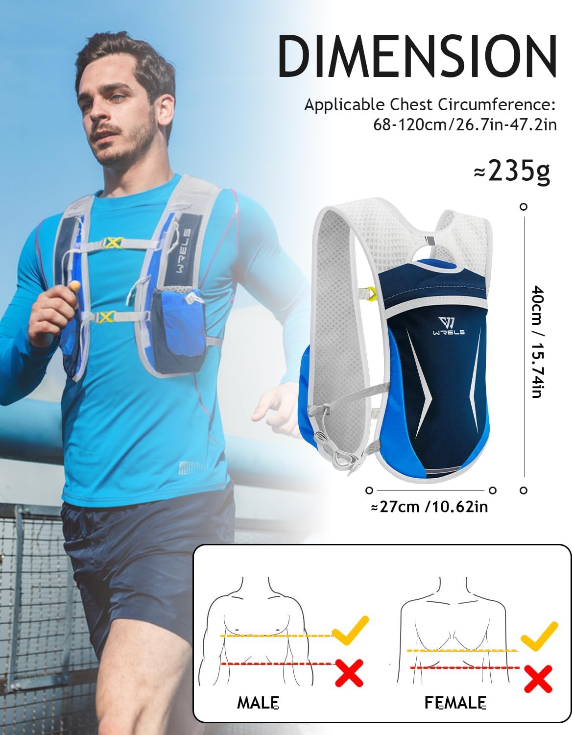 WRELS Hydration Running Vest for Men Women,5L Lightweight Water Backpack with 1.5L Leakproof Water Bladder,Hydration Vest for Marathon Cycling Jogging Hiking