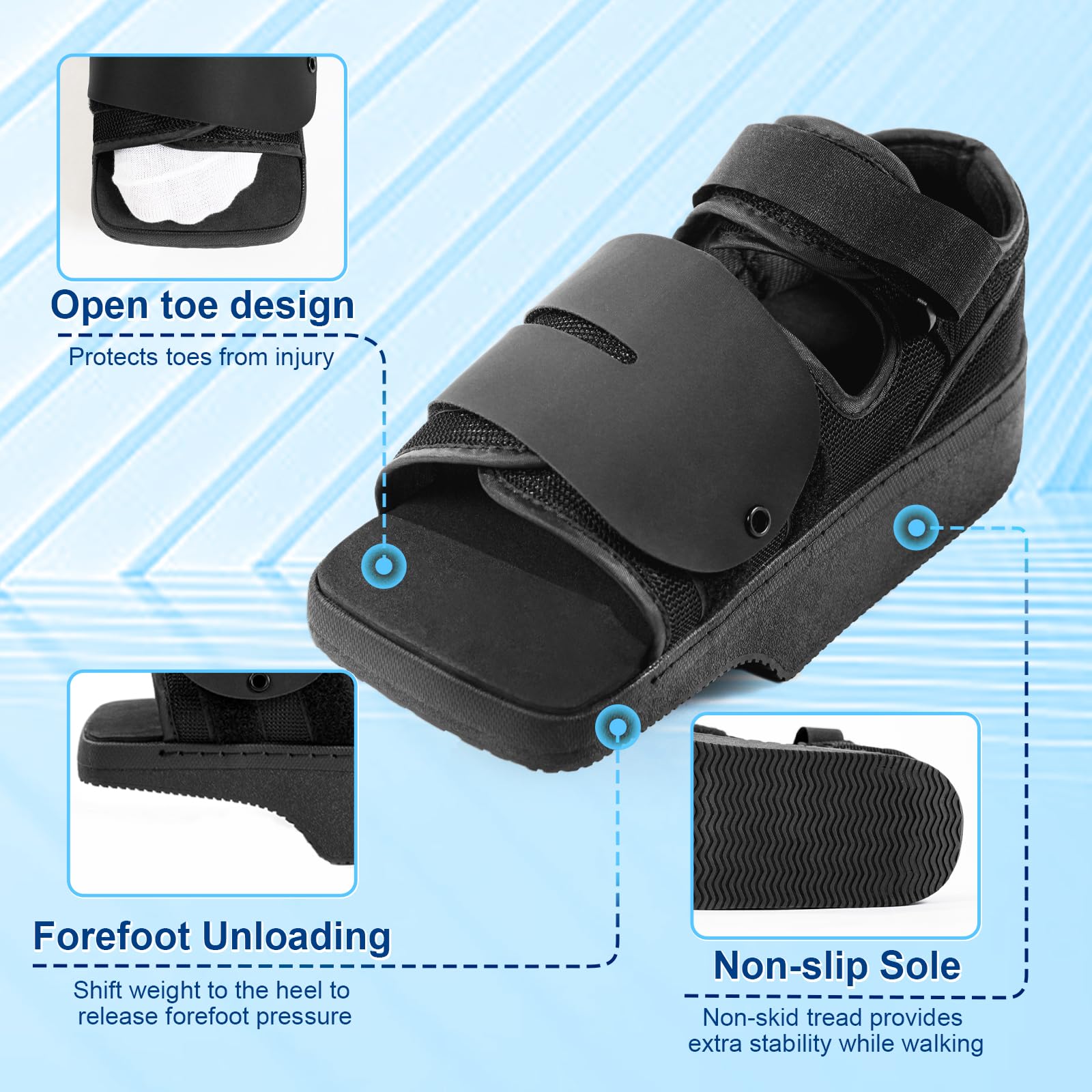 Estinko Zapato postoperatorio de descarga de antepié, zapato de cuña para postoperatorio, zapato de curación de cuña ortopédica, zapato de descarga sin rodamiento de peso para dedos rotos, juanetes,