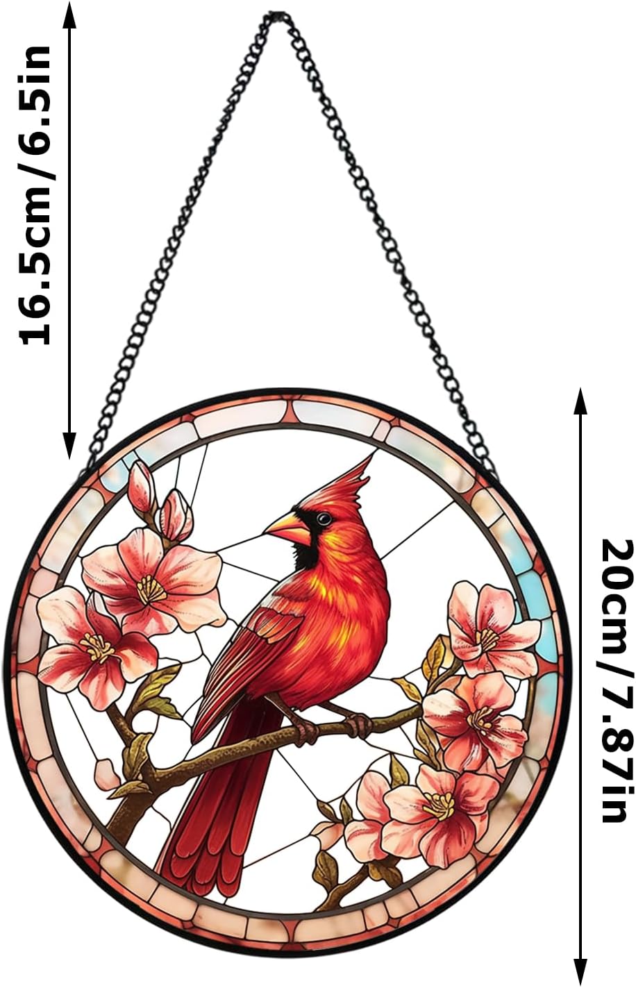 Stained Glass Style Cardinal Suncatcher, 7.87 Inch (20cm) Round Real Glass Window Hanging with Gift Box and Chain, Bird Decor Gift - Image 2
