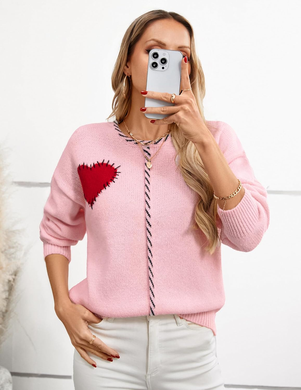 Womens Oversized Cute Crewneck Heart Ribbed Knit Contrast Color Pullover Sweater Winter Spring Valentine's Day 2025 - Image 5