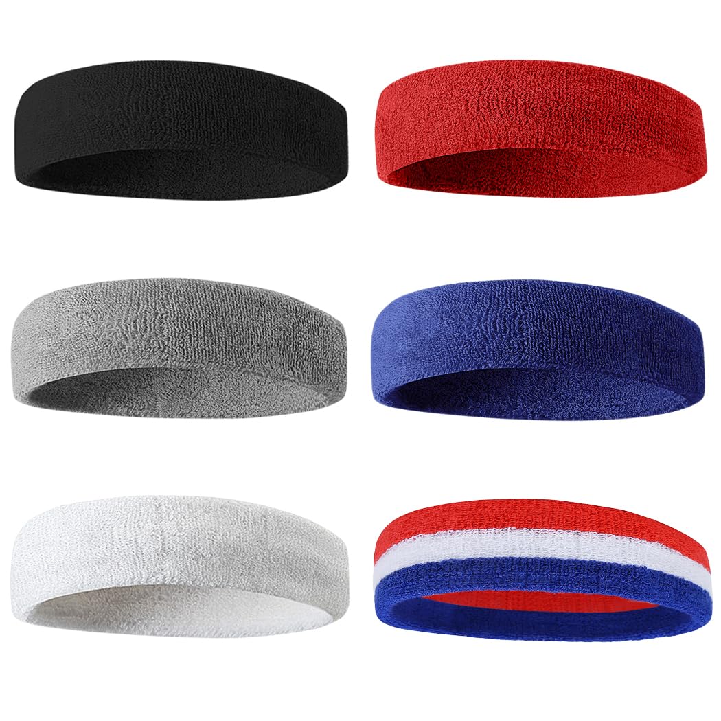 BEACE Sweatbands Sports Headband for Men &amp; Women - 6PCS Moisture Wicking Athletic Cotton Terry Cloth Sweatband for Tennis, Basketball, Running, Gym, Working Out