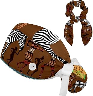FVQL 2 Pieces Surgical Cap for Long Hair Scrub Cap with Hairband Nurse Cap, Animal Zebra Africa Pattern