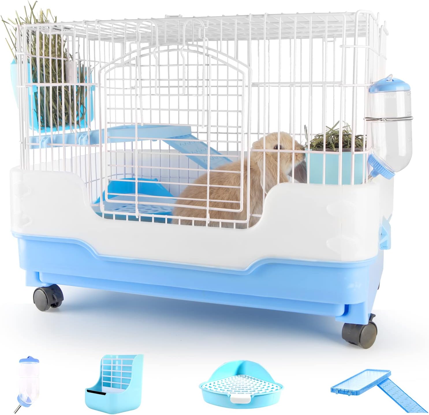 BUCATSTATE Small Animal Cage with Accessories, 25.5 * 17 * 20.8" inch Foldable Rabbit Cage Hutch with Pull Out Tray and Caster Platform…