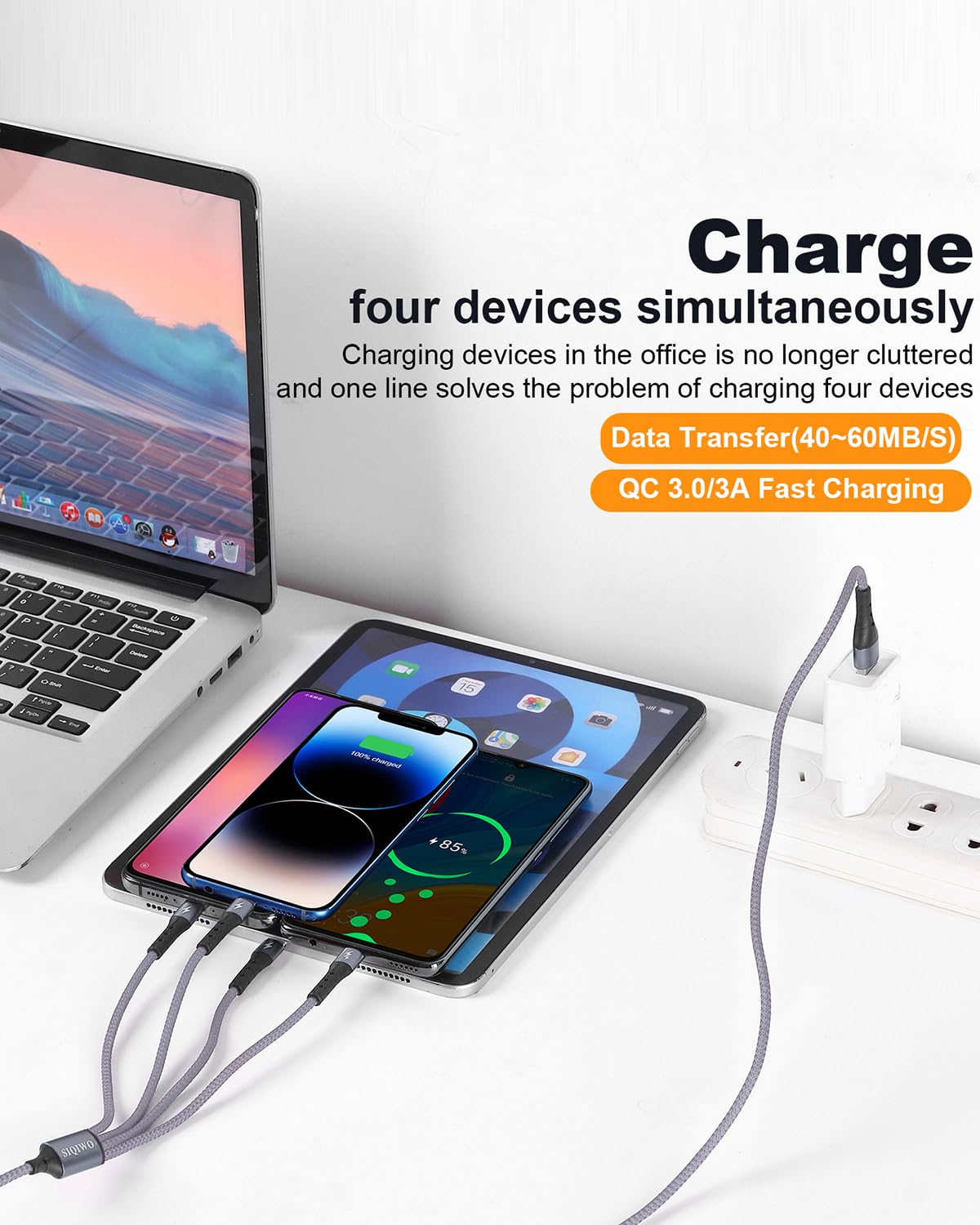 SIQIWO USB C Cable Fast Charging 1.2M, Braided QC 3.0(3A) Multi USB C Splitter Cord with 4 USB Type C Connectors, for iPhone 17/16/15, Android Galaxy S25 S24 A20e, Huawei, Xiaomi, Sony, Switch Grey