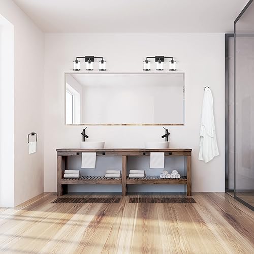 Miniatura 3 de Globe Electric 52059 - Juego de baño todo en uno de 5 piezas, negro mate, lámpara de tocador de 3 luces con pantallas de vidrio transparente,