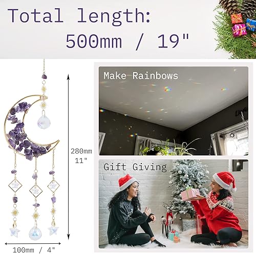 Miniatura 6 de Atrapasoles de cristales de amatista, atrapasoles de luna colgante con prismas de vidrio para ventanas, decoración de cristal de amatista curativa