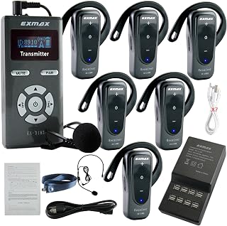 EXMAX-EX-318 2.4G Wireless Whisper Acoustic Transmission Tour Guide System Ear-hook Receiver for Translation, Audio Visual Laboratory, Family, Restaurants, Museum Visit,Hajj(1 Transmitter 6 Receivers)