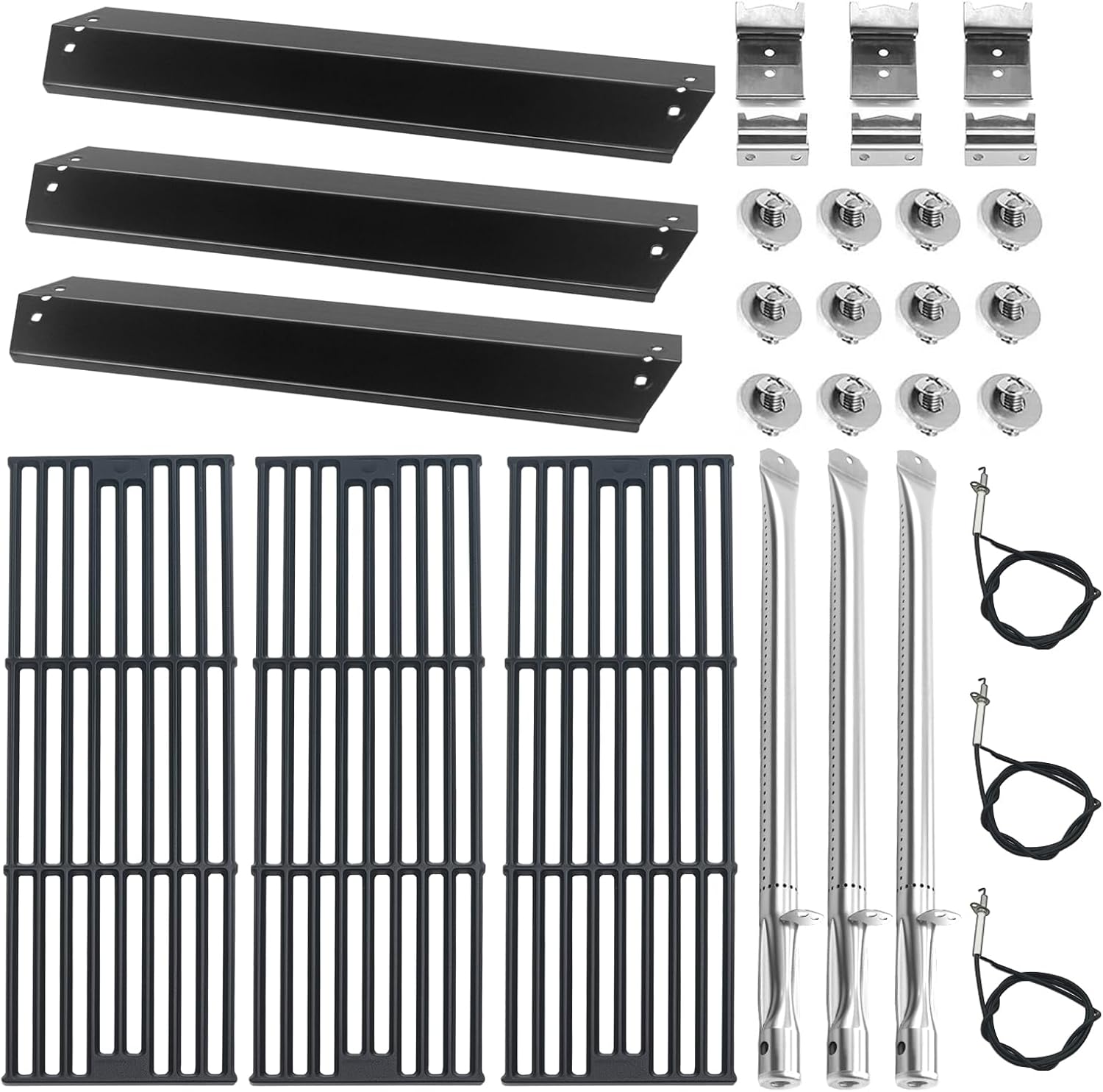 Grill Replacement Parts for Chargriller 5050, 5650, 5072, 3001, 3008, 3030, 4000, 5252, Porcelain Steel Heat Plate, Stainless Steel Burner Tube and Ignitor, Cast Iron Cooking Grates