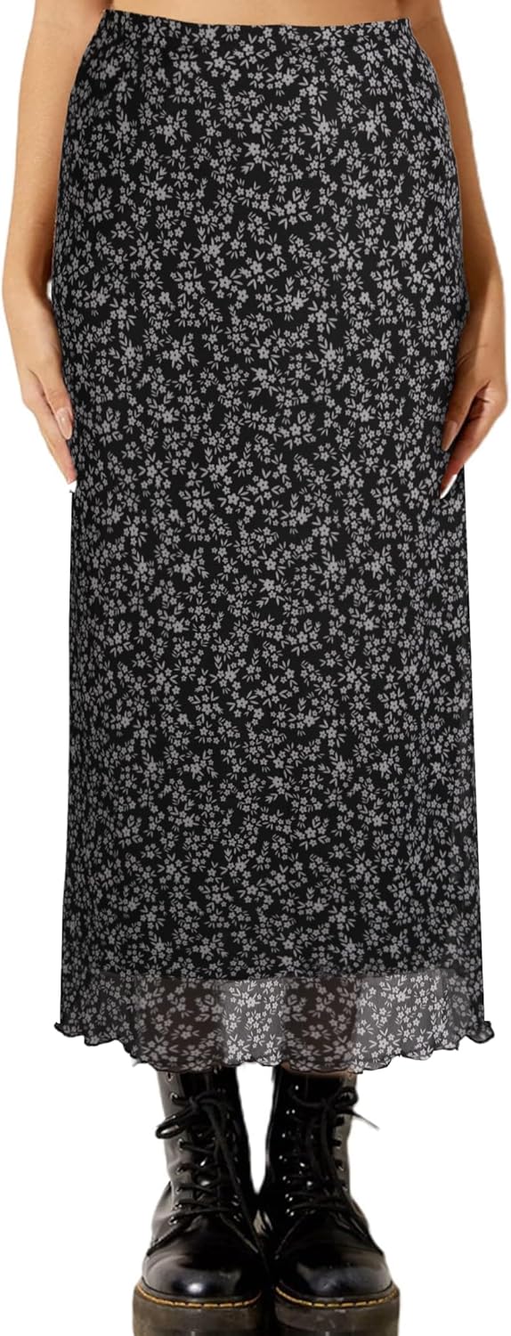 Avanova Women Boho Mesh Floral High Waisted Midi Skirts Flowy Summer Long Skirts Ditsy Black XX-Large - Image 3
