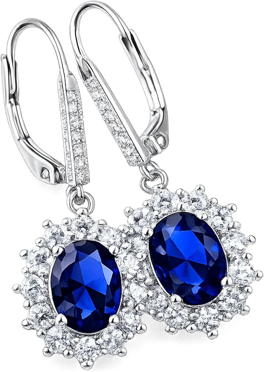 Amy & Annette Blue Sapphire Earrings - 18k White Gold Plated Leverback Drop and Dangle Halo Earring for Women - Great Gift Idea for Every Occasion