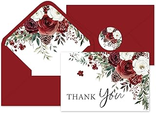 Whaline 24Pcs Rose Pinecone Thank You Cards with Envelopes and Stickers Red White Rose Pinecone Greeting Cards Xmas Winter Blank Note Cards For Christmas Party Supplies